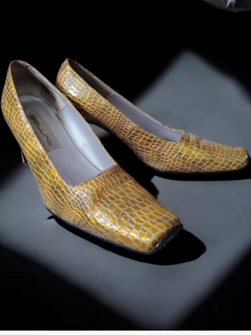 Women's Size 12M Bellini "ROYAL" Gold/Green Patent Snake Print Sq Toe Retro Pump